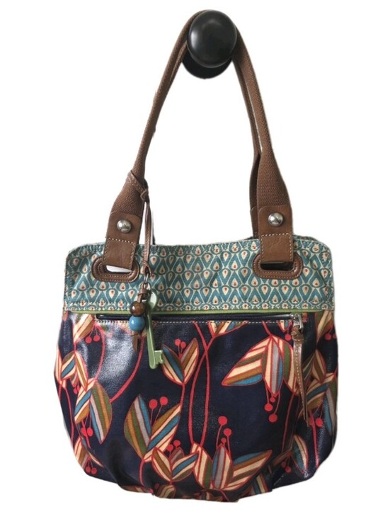 Fossil Handbags - Vintage Y2K Fossil Key Per Coated Retro Floral Canvas Leather Trim Hobo Tote Bag